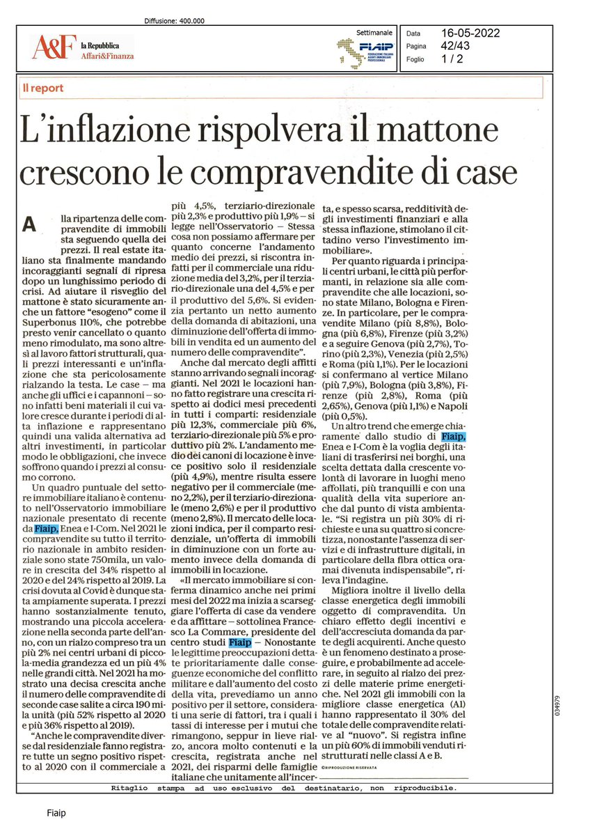 Fiaip's tweet image. 📢 L'inflazione rispolvera il mattone e crescono le #compravendite di case. Oggi il Report immobiliare promosso dal Centro Studi #Fiaip in collaborazione con Enea ed I-Com viene analizzato sulle pagine di Repubblica Affari &amp;amp; Finanza