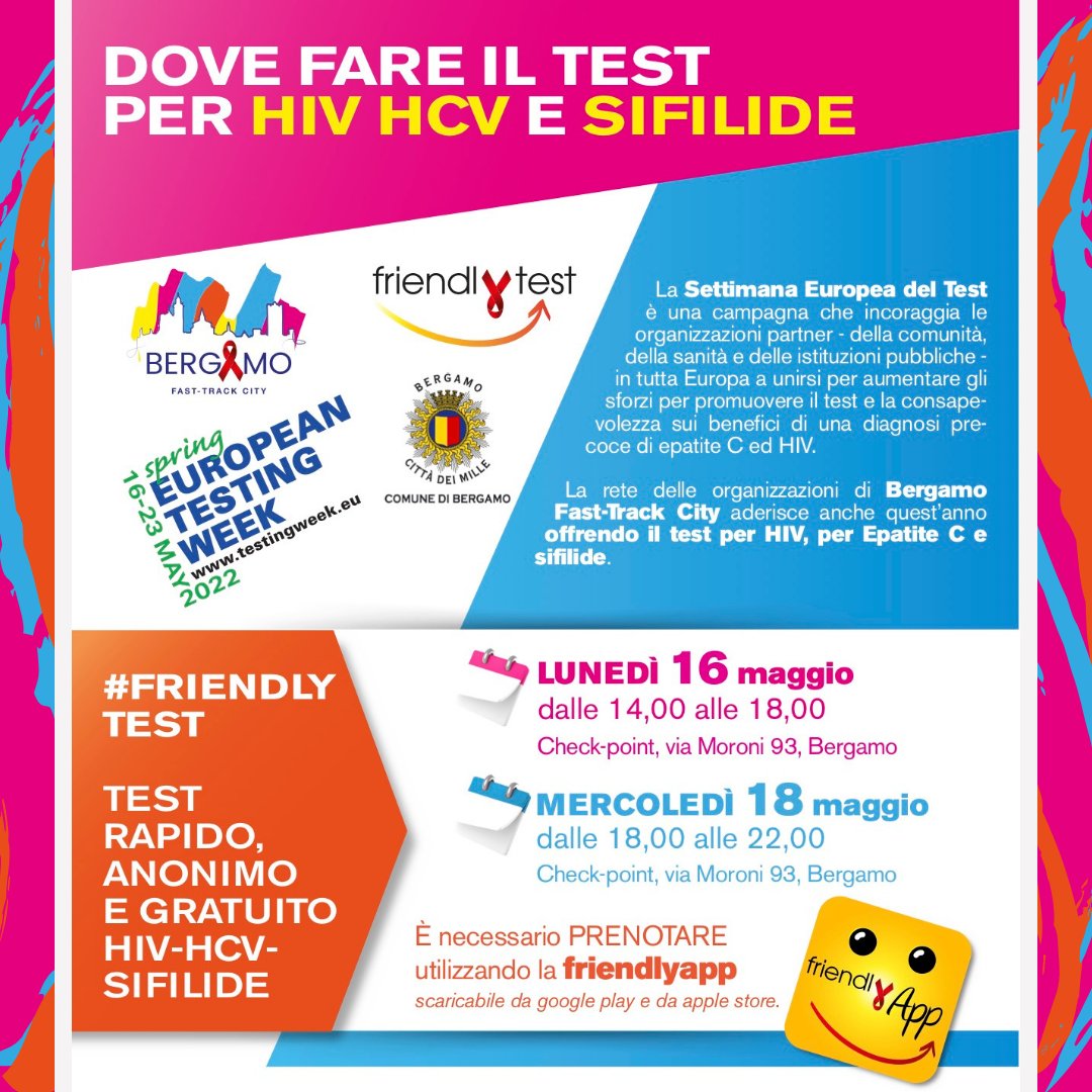 friendly_test's tweet photo. Inizia oggi la settimana europea dedicata alla diagnosi preventiva di HIV, HCV e sifilide.
Oggi e mercoledì saremo al #CheckPointBG. Prenota il tuo appuntamento con la #FriendlyAPP.
Tutti gli appuntamenti al link 👇
https://t.co/8Wm90EHvPx
#EuroTestWeek #BergamoFTC #FriendlyTest https://t.co/vQ64ortvXw