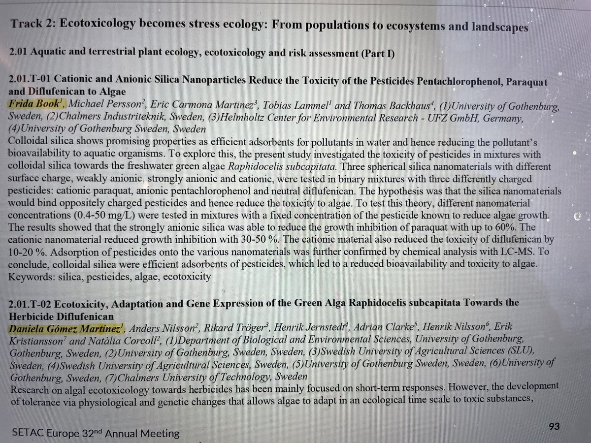 NCorcoll's tweet photo. Interested in #ecotoxicity of #pesticides and #microalgae ? 🦠🔬🧬
Then attend the TALKS of @daniela_gmzm & Frida Book from @uniofgothenburg at
#SETACCopenhagen, #SETAC_world
Tuesday, May 17, starting at 08:40 in
Room B3 M5-6 😀🎉 https://t.co/vo75guhjt2