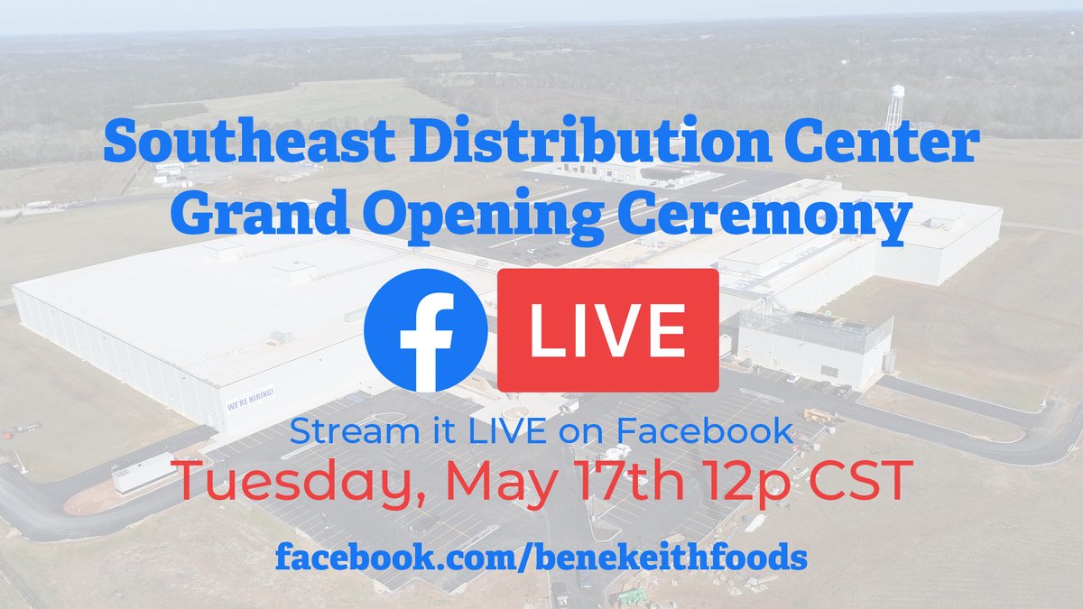 Join us tomorrow at 12p CST for the grand opening ceremony of our Southeast Distribution Center in Alabama. You can watch the live stream over on our Facebook page - facebook.com/BenEKeithFoods/

#Alabama #LiveStream #BenEKeithFoods