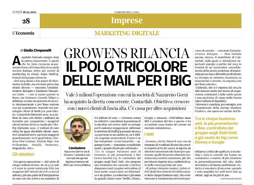 Aziende digitali italiane crescono. La danza delle acquisizioni. Come cambia <a href="/growens_io/">Growens</a> (ex Mailup) <a href="/L_Economia/">Corriere L'Economia</a>