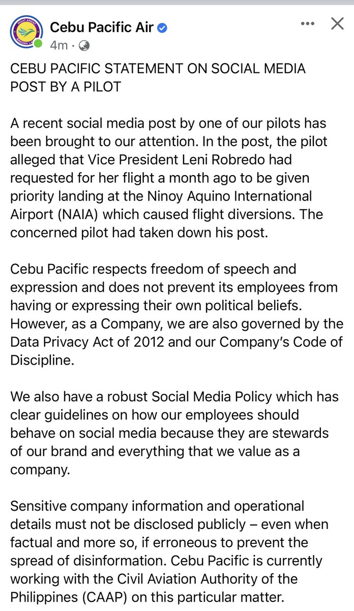 tinaarceodumlao's tweet image. Cebu Pacific issues statement on a pilot’s social media post concerning VP Leni Robredo.