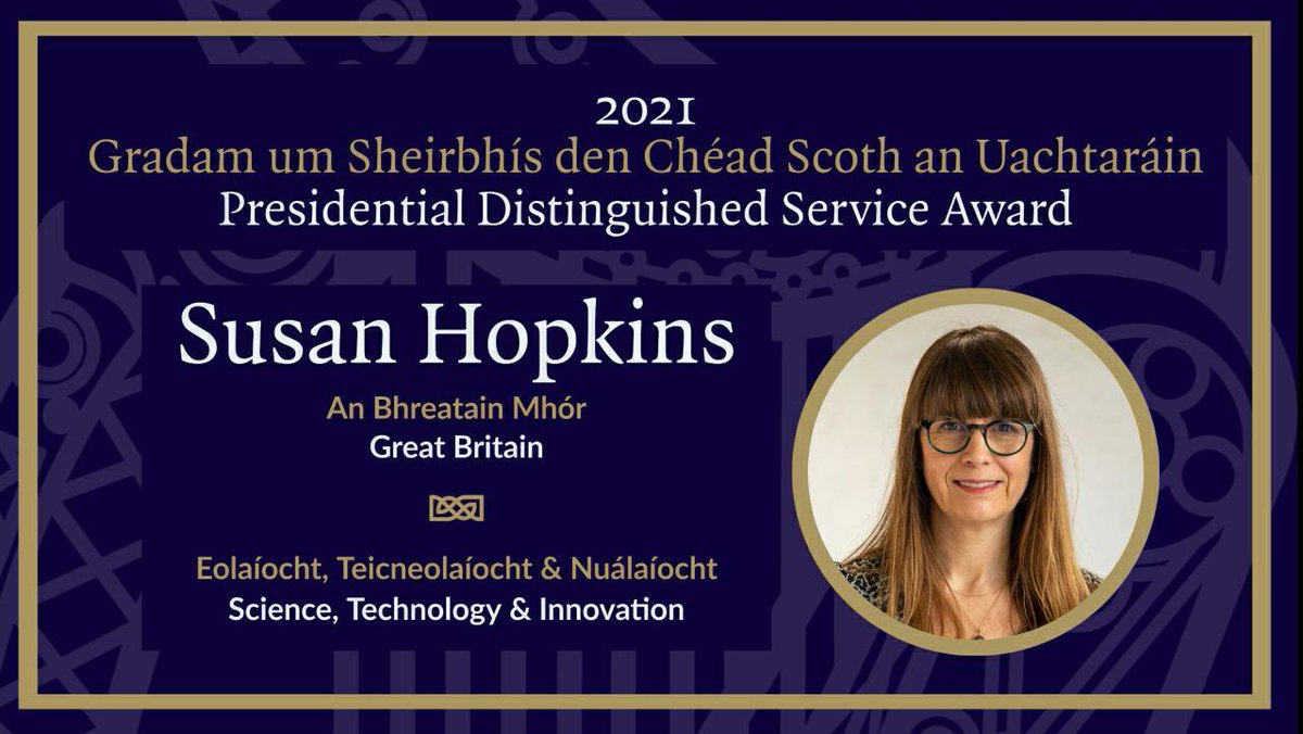 Do you know someone who has given exceptional service to Ireland or to Irish communities abroad? They may be eligible for a Presidential Distinguished Services Award. 

In 2021 epidemiologist Susan Hopkins was honoured for services to Science. 

dfa.ie/global-irish/h…