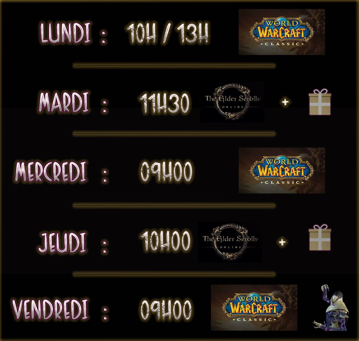 FreenextyII's tweet photo. Le Menu de la semaine 
             ⬇️⬇️⬇️
Avec en bonus 1 live 12h planqué quelque part et un live bonus dislyte cet aprèm 🥳
#freenexty #twitch #stream #twitchfr #streameur #livestream #twitchpartner #loulou #worldofwarcraft
@Warcraft_FR @TESOnline_fr #Warframe #tennocreate https://t.co/w2Yp2XOT19