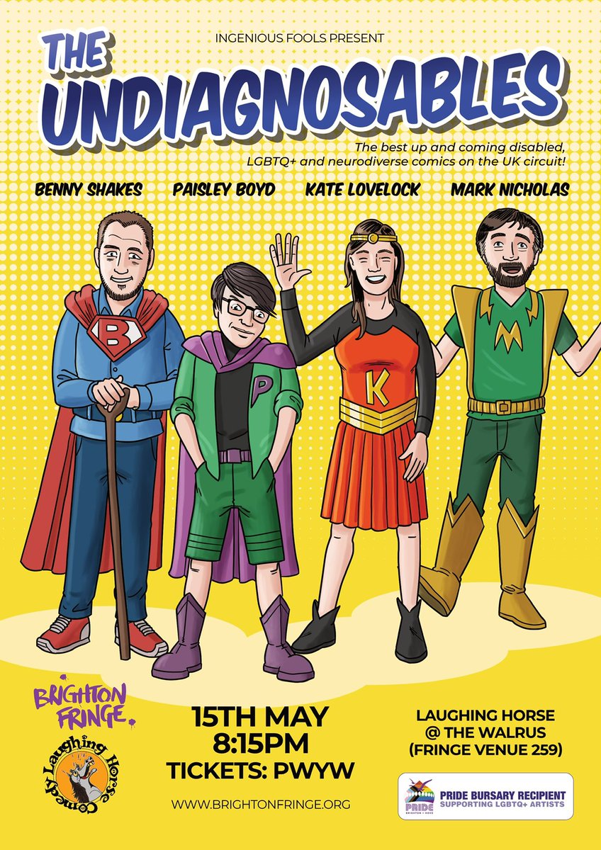 PaisleyJBoyd's tweet photo. A big thank you to everyone who came to see The Undiagnosables last night @brightonfringe. Thank you to everyone involved and a huge thank you to @PrideBrighton for supporting us with a bursary. @KateLoveTheatre @mnicholascomic @bennyshakes23 and I had a lovely time https://t.co/Qj4dksLJQr