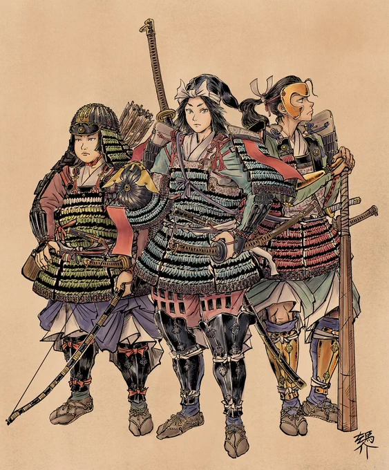 南北朝時代の女の子の鎧武者。
公家の洞院公賢の日記、「園太暦」の記述によると、1353年、丹波から京都へ進軍する山名時氏の軍勢に「女騎」という女性武者が800騎程居たらしい。
偶然に佐倉歴博の展示でその記述を見て描いてみたくなった。ま、姿形は全くの創作だけどw 