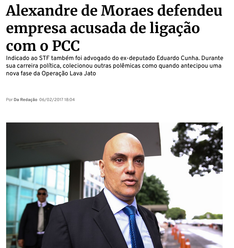 AtvistaPatriota's tweet photo. Alexandre de Moraes defendeu empresa acusada de ligação com o PCC
Indicado ao STF também foi advogado do ex-deputado Eduardo Cunha. Durante sua carreira política, colecionou outras polêmicas como quando antecipou uma nova fase da Operação Lava Jato
 #AlexandreDeMoraisImbecil https://t.co/dtrV7bBAXS