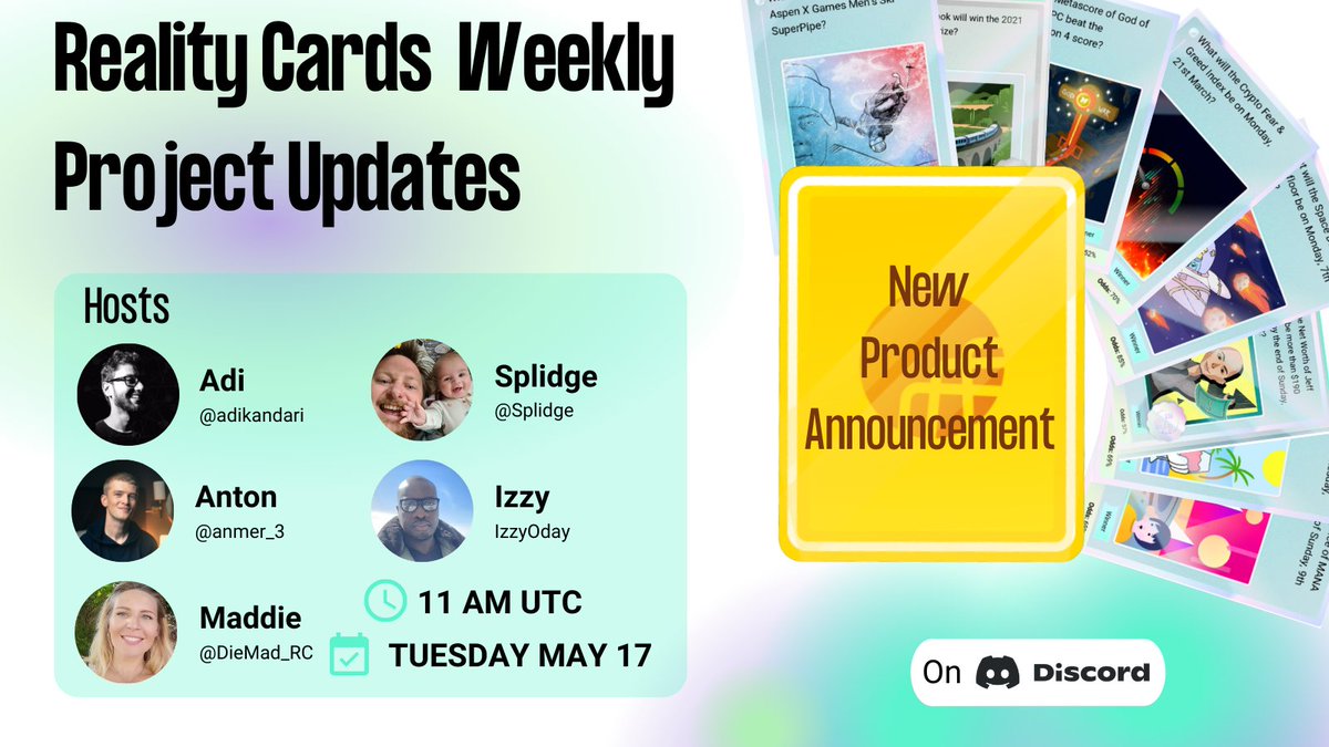 RealityCards's tweet photo. Tomorrow's announcement will not be of a product feature; it will be of a new product... 👀

Tune in to our Discord tomorrow at 11 AM UTC for the big reveal! 
#RealityCards #Polygon #NFTCommumity #NFTs #Tokenomics https://t.co/Kv2By1Q2na