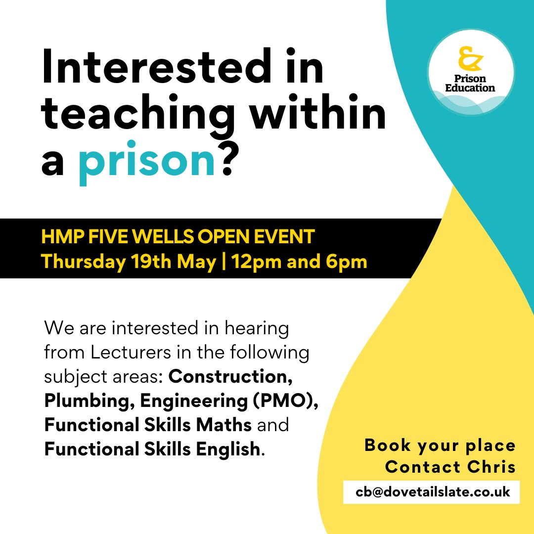 Interested in the idea of teaching within a prison, but unsure how comfortable you would feel in that environment? 

Why not come along to an Open Event at HMP Five Wells to see for yourself.

Get in touch with me to discuss and book a place!

#HMPFiveWells #PrisonEducation #HMP