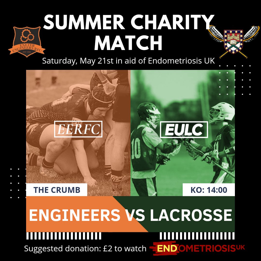 Exeter Engineers RFC (@engineersrfc) on Twitter photo This Saturday we return to the crumb one last time this year as our annual fixture vs <a href="/exeter_lacrosse/">UOE Lacrosse</a> makes a comeback in aid of <a href="/EndometriosisUK/">Endometriosis UK</a>
Kick off is 2 with a suggested donation of ÂŁ2 to watch. Should be a great way to take a break from revision
#AnyDegree #AnyAbility This Saturday we return to the crumb one last time this year as our annual fixture vs <a href="/exeter_lacrosse/">UOE Lacrosse</a> makes a comeback in aid of <a href="/EndometriosisUK/">Endometriosis UK</a>
Kick off is 2 with a suggested donation of ÂŁ2 to watch. Should be a great way to take a break from revision
#AnyDegree #AnyAbility