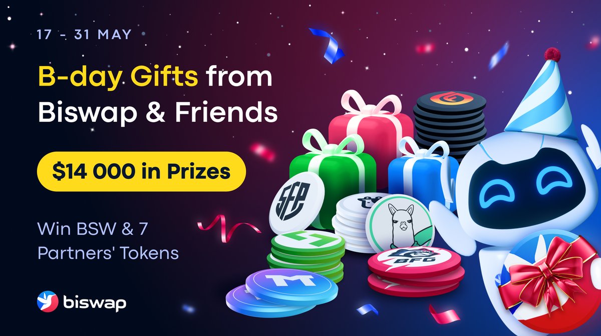 Biswap_Dex's tweet photo. 🎁B-day Gifts from Biswap &amp; Friends!🎁
       $14 000 in $BSW &amp; 7 Tokens!

It’s time for gifts from Biswap and its friends.

💰Prize pool: $14 000
🤴Winners: 700
📅May 17-31

You surely know these friends!
Check it out:
https://t.co/nAdcO2Qi2R

Come have fun &amp; crypto! https://t.co/htTWSzuOJh