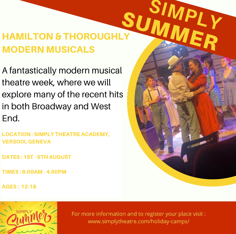 Simply Summer!

A fantastically modern musical theatre week where we will explore many of the recent hits in Broadway and West End.

Register your place or take a look at all the summer programmes we have running in both Geneva and Zurich : hubs.ly/Q017K13C0