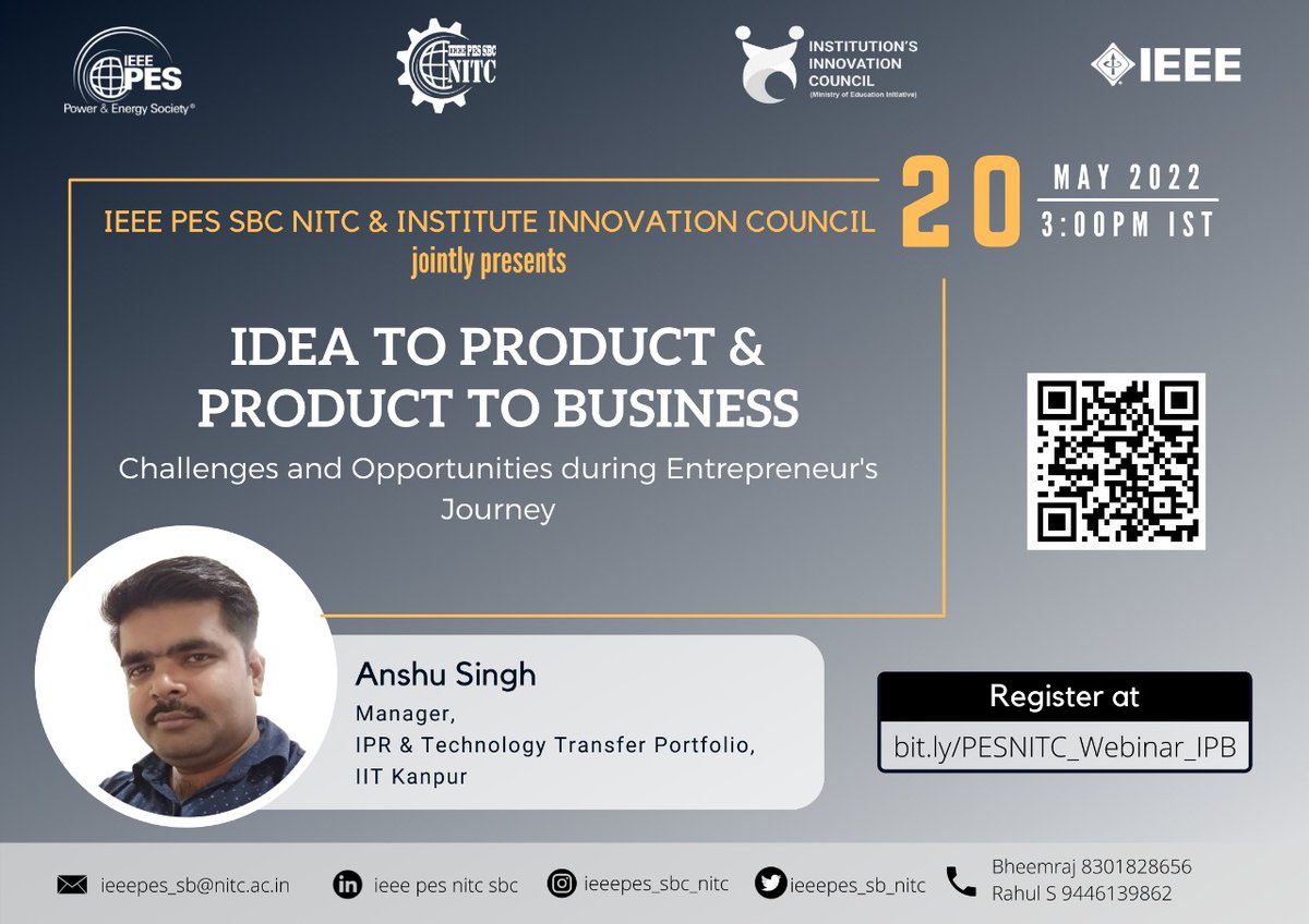 ieeepes_sb_nitc's tweet image. IEEE PES SBC NITC &amp;amp; Institute Innovation Council presents Talk on :

&quot;Idea to Product &amp;amp; Product to Business: Challenges and Opportunities during Entrepreneur&apos;s Journey&quot;

Friday, 20th May 2022
03:00 PM IST

Registration link 
lnkd.in/gwhuRZXi