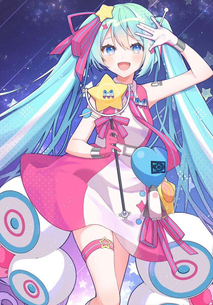 hatsune miku ,magical mirai miku 1girl gloves dress long hair star (symbol) solo smile  illustration images
