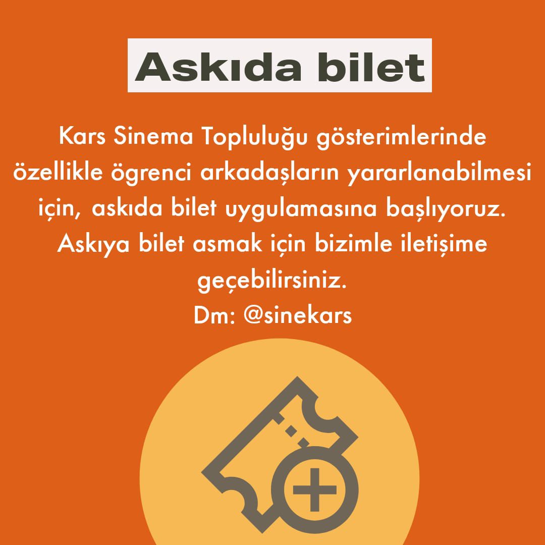 KarsaGit's tweet photo. Çarşamba gösterimlerimize öğrenci kardeşlerimiz de sinemaya gidebilsin diye Kars Sinema Topluluğu olarak askıda bilet uygulaması başlattık. Askıya bilet asmak veya askıdan bilet alabilmek için @SineKars hesabına DM’den yazın. Bilet asmak isteyenler! Bilet fiyatı 30 TL’dir. https://t.co/i9CXOZ8DYv