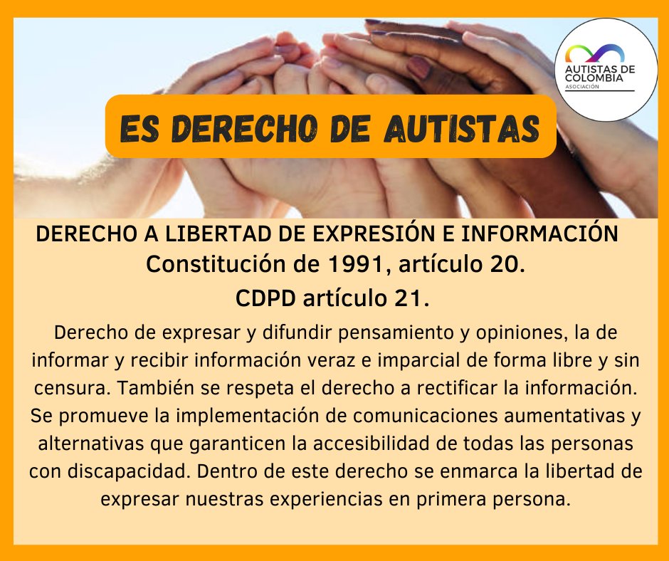 autiscol's tweet photo. DERECHO A LIBERTAD DE EXPRESIÓN E INFORMACIÓN

Constitución de 1991, artículo 20.

CDPD artículo 21. 

Derecho de expresar y difundir pensamiento y opiniones, la de informar y recibir información veraz e imparcial de forma libre y sin censura.
#LunesDeDerecho https://t.co/Q3orKtH2pP