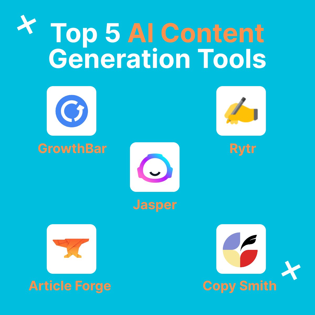 The Top 5 AI Content Generation Tools

✅ GrowthBar
✅ Rytr
✅ Jasper
✅ Article Forge
✅ Copysmith