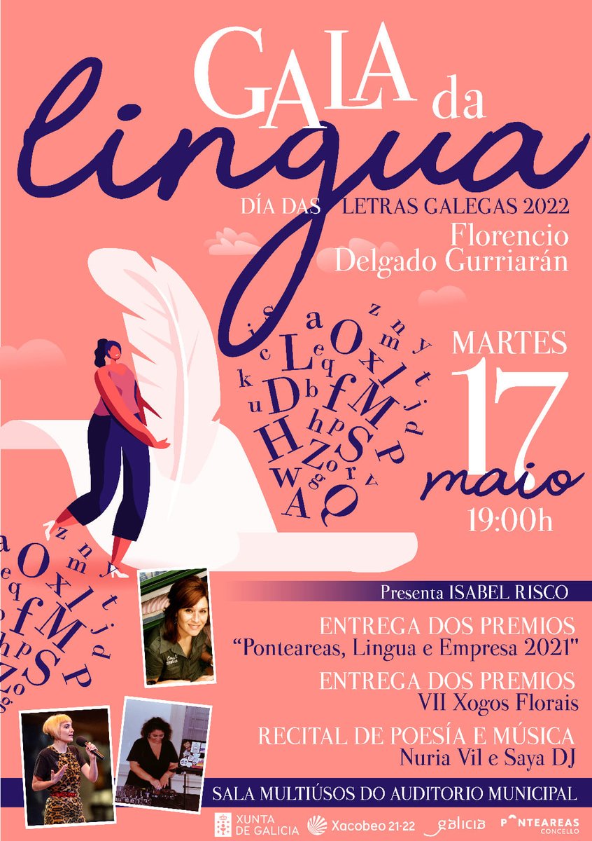 ponteareas_gal's tweet photo. 📯 Achégase a #GaladaLingua, unha homenaxe a #FlorencioDelgado no Día das Letras Galegas con poemas de #NuriaVil e música de #SayaDJ como banda sonora. 🎶🎶
😊 Acompañádenos este 17 de maio ➡️ ás 19.00 h na sala multiúsos do auditorio municipal!
Máis ℹ️ https://t.co/ouPDR5ZEfy https://t.co/mrVduSW1tx