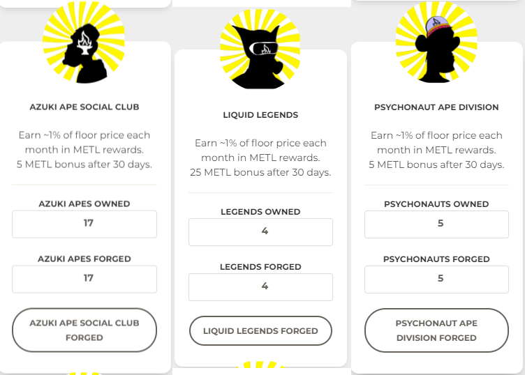 Been away for a while!!! 
but meanwhile... still managed to forge my <a href="/AzukiApeSC/">AzukiApeSC</a> <a href="/PsychonautApeD/">Psychonaut Ape Division</a> <a href="/ApeLiquidio/">ApeLiquid</a> Liquid Legends. Free $$$$$$ after a month in $METL. Momma I made it