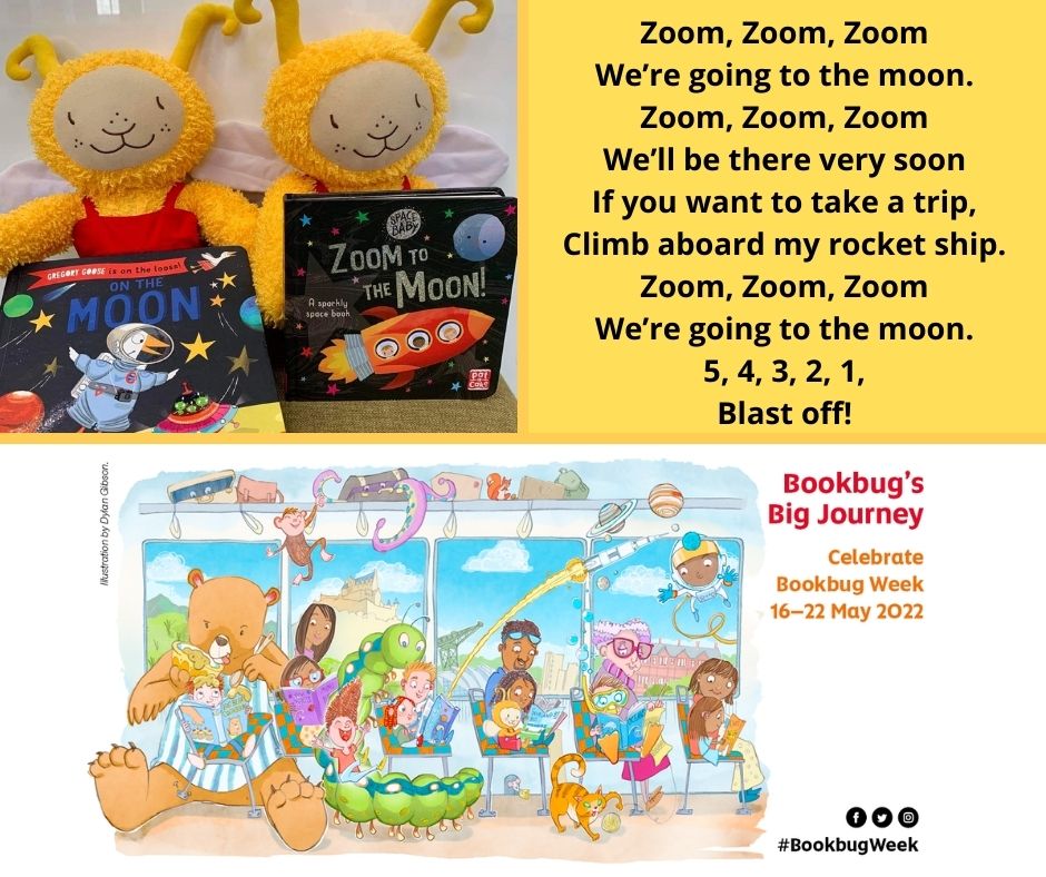 edcentrallib's tweet photo. Zoom, zoom, zoom, we're going to the moon!
The theme of this year's #BookbugWeek is 'Bookbug's Big Journey'. Our #Bookbugs are taking a trip to the moon! Will you join them? @Bookbug_SBT @scottishbktrust https://t.co/9YdaIVexap