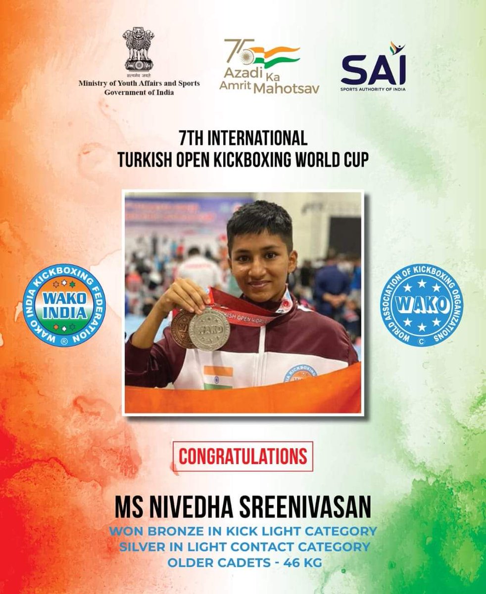 Congratulations,

The 14 year old Kickboxer Ms Nivedha has brought the glory during the 7th Turkish Open -World Cup Kickboxing Tournament 2022 in Istanbul.

<a href="/wakoindiainfo/">Kickboxing Bharat</a> <a href="/sensei4565/">Santosh Kumar Agrawal</a> 
<a href="/kickboxing_wako/">WAKO.kickboxing</a>
<a href="/IndiaSports/">Dept of Sports MYAS</a>
<a href="/Media_SAI/">SAI Media</a> #TeamIndia
<a href="/kheloindia/">Khelo India</a>