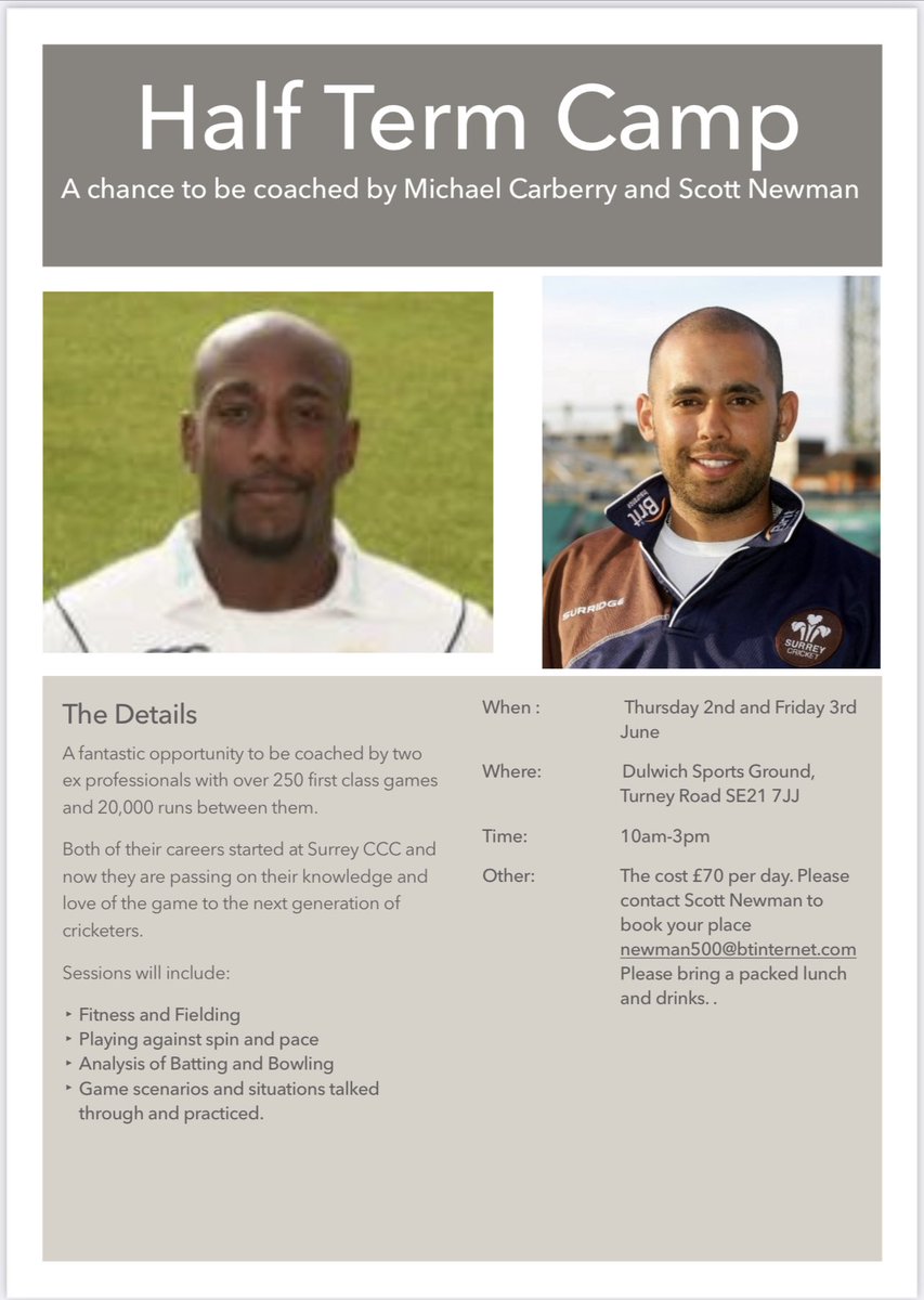 Michael Carberry (@carbs646) on Twitter photo Hey guys ! If you’re a junior boys player with hard ball experience aged 11-15 then book your place on our advanced cricket camp run by <a href="/carbs646/">Michael Carberry</a> and <a href="/scottynewms/">Scott Newman</a> this half term. Details are on the flyer … look forward to seeing you there🏏👍🏾 Hey guys ! If you’re a junior boys player with hard ball experience aged 11-15 then book your place on our advanced cricket camp run by <a href="/carbs646/">Michael Carberry</a> and <a href="/scottynewms/">Scott Newman</a> this half term. Details are on the flyer … look forward to seeing you there🏏👍🏾