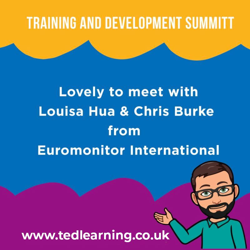 TedLearning1's tweet photo. Fantastic chat with Louisa Hua and Chris Burke from Euromonitor International at Training and Development Summit #TrainingSummit @Euromonitor @TrainingSummit https://t.co/jC3cf8iMfu