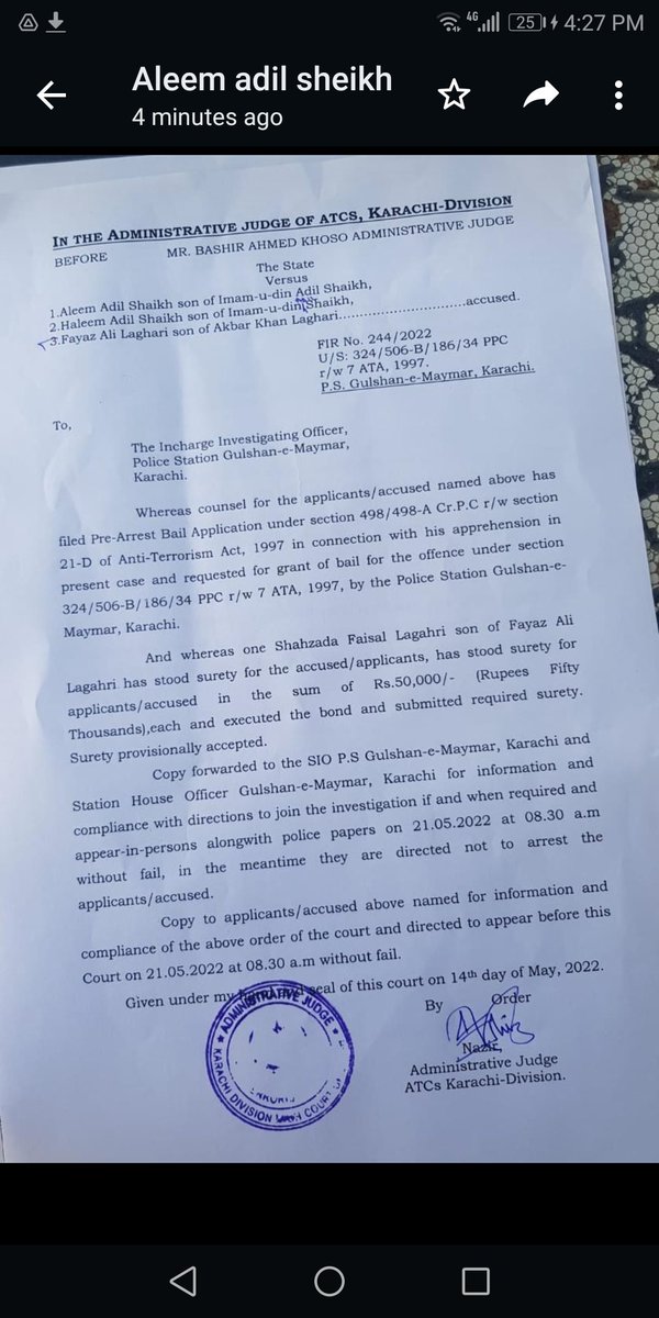 AleemAdilSheikh's tweet photo. i met my leader Imran Khan on 12th May, next day FIR was lodged under terrorism act against me and my brother Haleem Adil Sheikh from Sind govt .Alhamdulillah next day we got bail through ATC court. Acadia March Zindabad Abad https://t.co/Qm7KEwDQBB