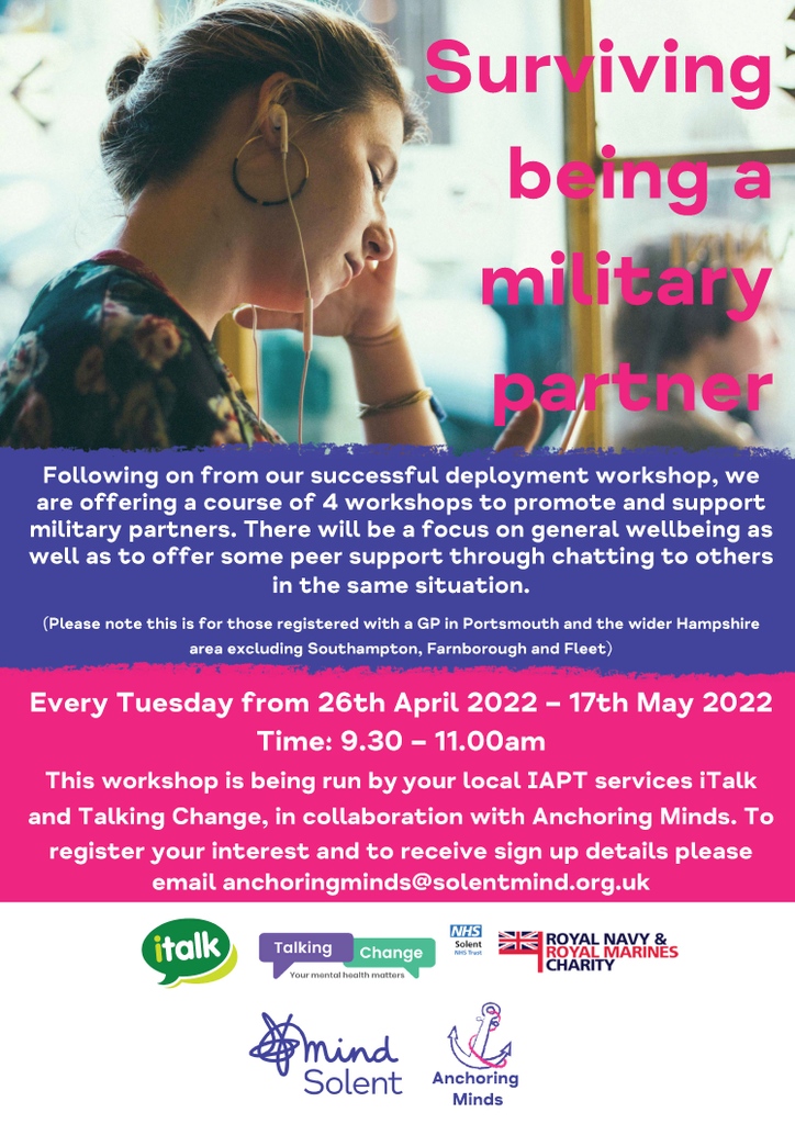 TalkingChange_'s tweet photo. The last Surviving Being a Military Partner workshop is tomorrow @ 09:30.

If you are wanting to attend, please email anchoringminds@solentmind.org.uk

#talkingchange #iapt #mentalhealth #survivingbeingamilitarypartner https://t.co/GDPER12ddu