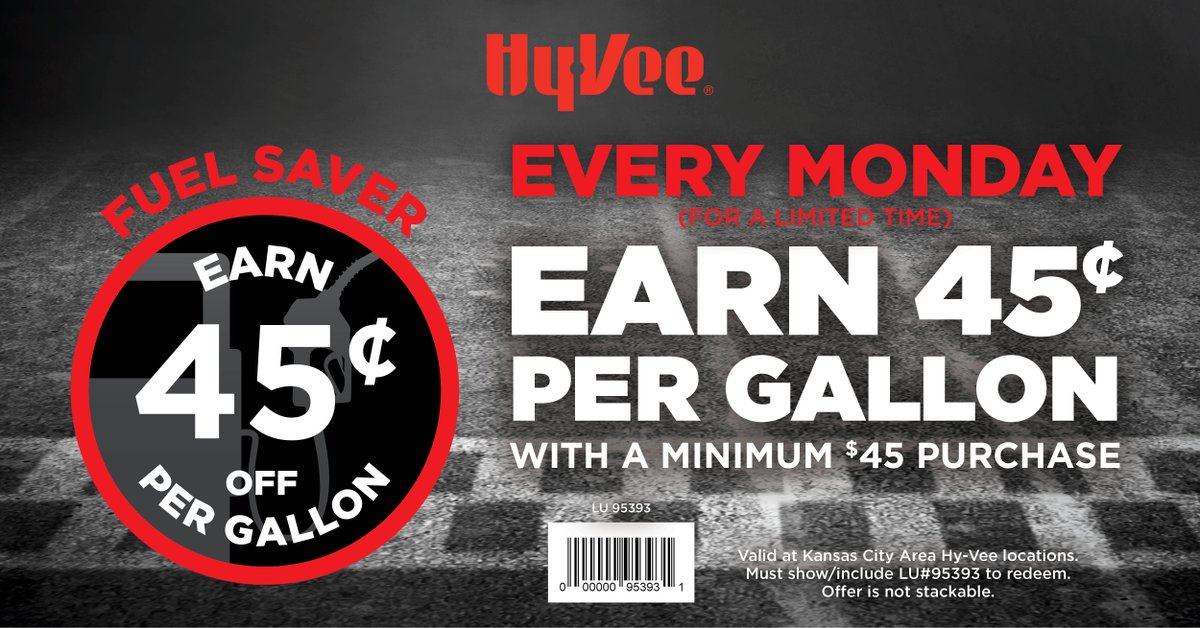 HyVeeKCMetro's tweet photo. Rev Up The Savings today at Hy-Vee! ⛽ Earn 45¢ Fuel Saver with a purchase of $45 or more when you show LU#95393 at checkout. 

Shopping online? Enter LU#95393 in the notes section for your personal shopper to add at checkout. https://t.co/RmgNl64Fxj