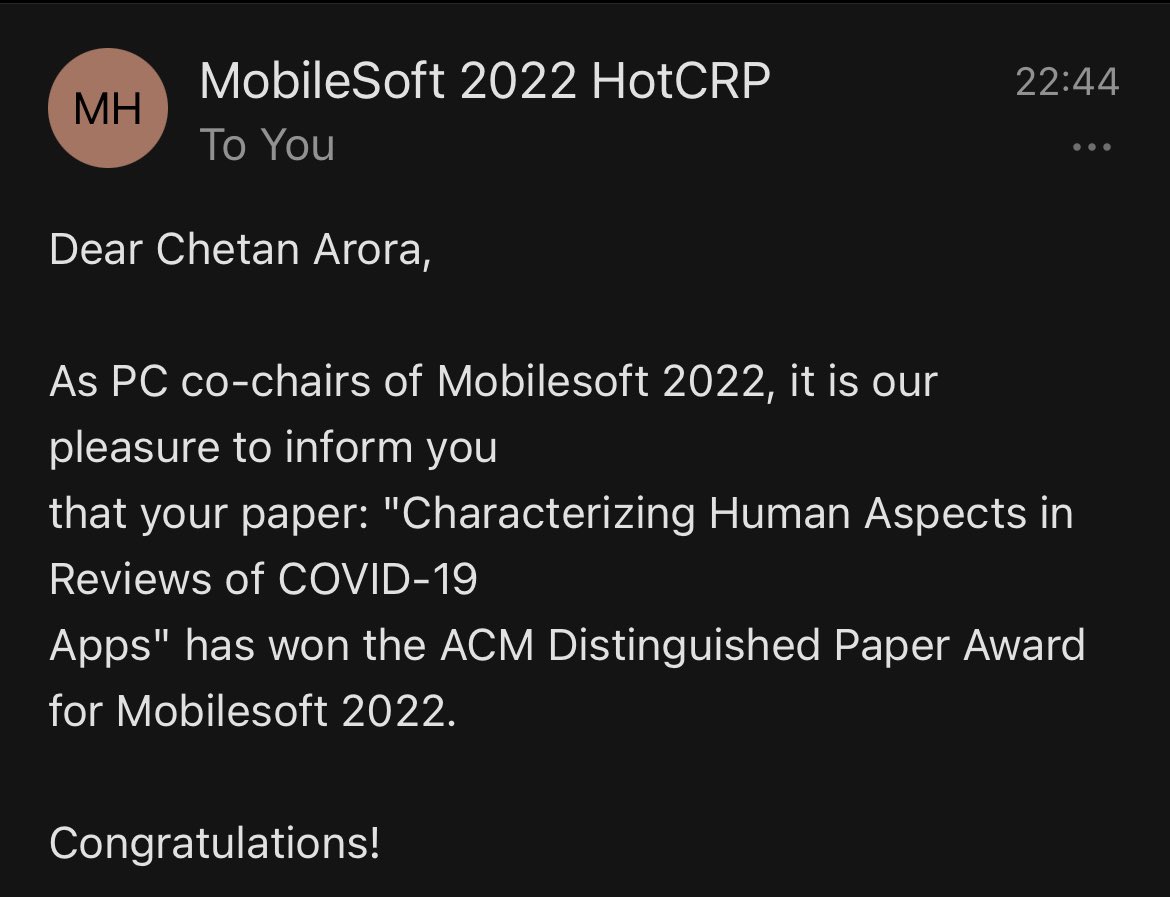 chetan_arora's tweet photo. Thatโs the best message to read before bed. Congratulations to all the co-authors ๐ฅ @mattiafazzini @DrHouriehKh @ProfJohnGrundy @Waqar_Husain_ #BestPaperAward #MobileSoft https://t.co/kP5e62wdea