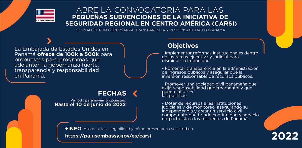 USEmbPAN's tweet image. 🇺🇸 La Embajada de Estados Unidos en Panamá ofrece de 100k a 500k para propuestas de programas que adelanten la gobernanza fuerte, transparencia y responsabilidad en Panamá.
