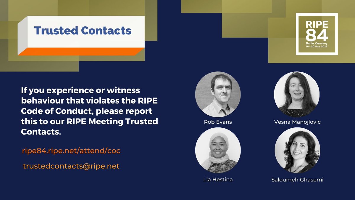 ripemeeting's tweet photo. The RIPE community Code of Conduct is in place at #RIPE84. If you see any behaviour during the meeting that violates this code, let one of our RIPE Meeting Trusted Contacts know: https://t.co/5XHEJghSIN https://t.co/dx3Br7BmOd
