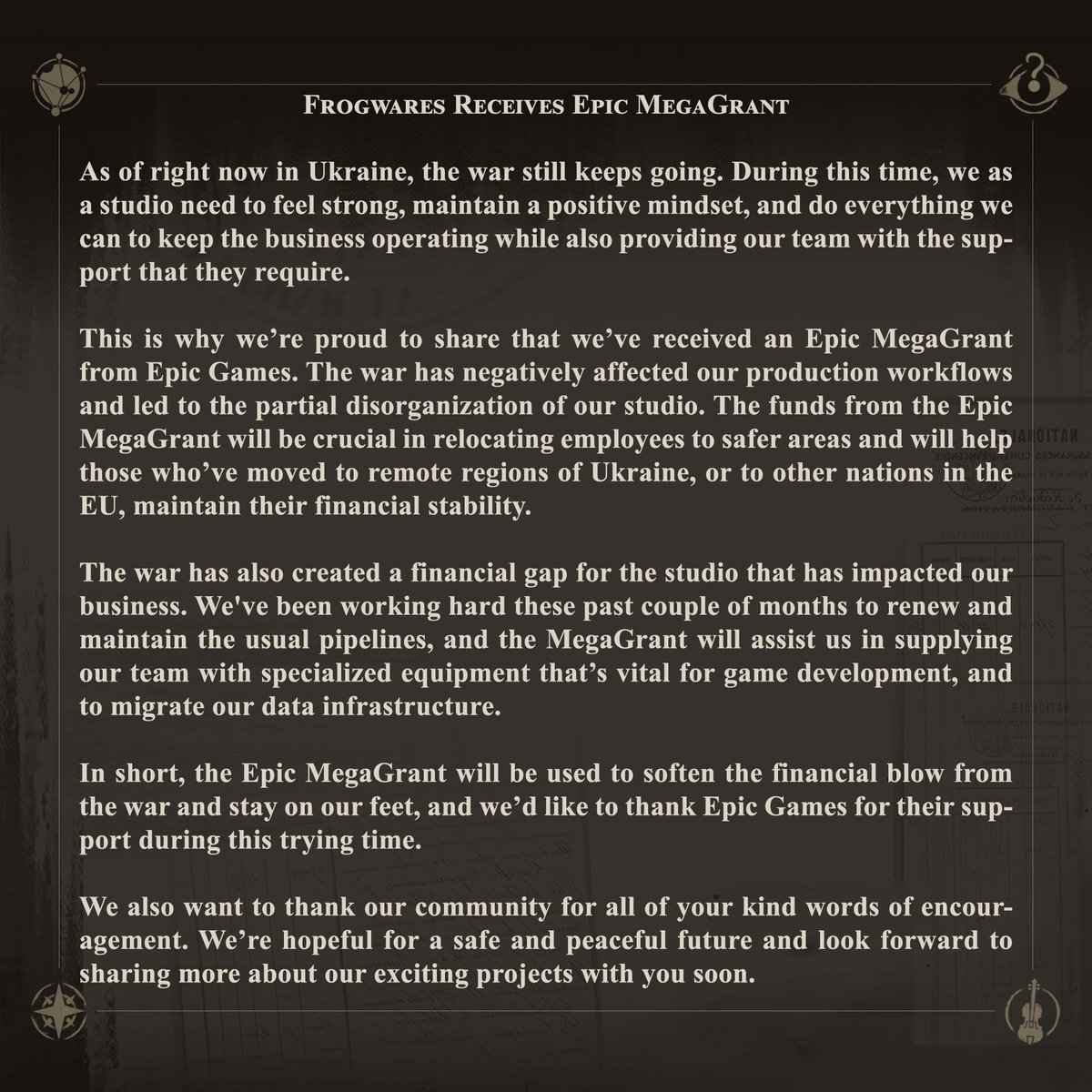We are proud to share that we’ve received an Epic MegaGrant from Epic Games. #EpicMegaGrants

Read our announcement for all the information: