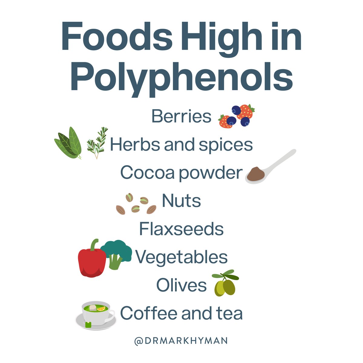 drmarkhyman's tweet photo. Polyphenol-rich foods are a cornerstone of my daily diet. These super plant compounds support our gut, heart, skin, brain, and so much more and are essential when it comes to increasing our healthspan. What’s your favorite source of polyphenols? https://t.co/tDnad9Jf8T
