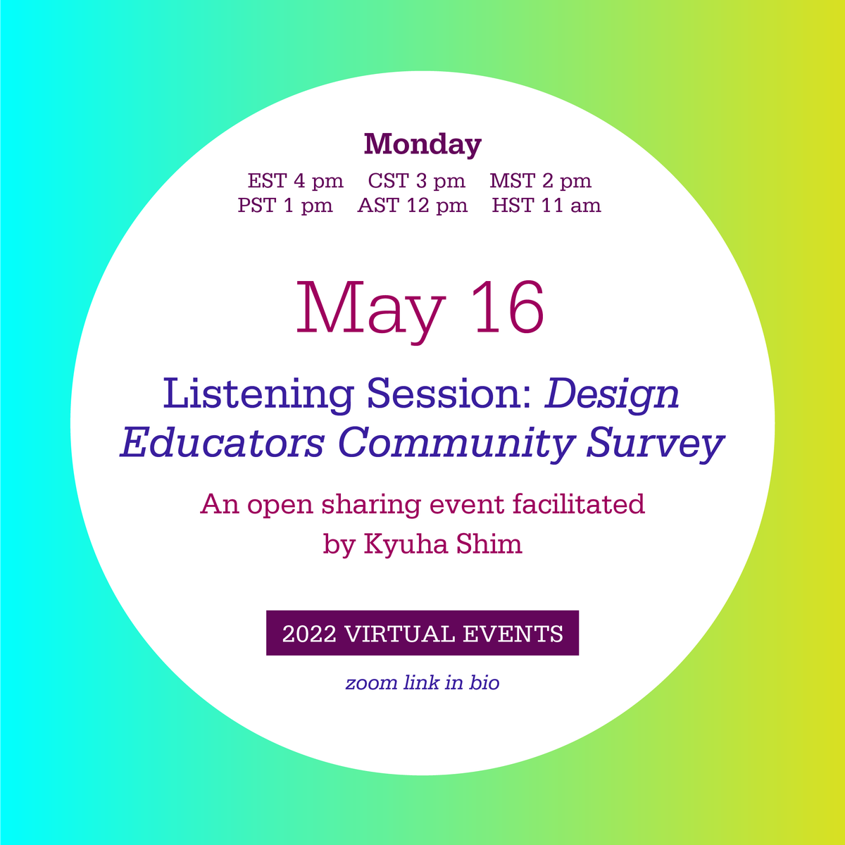 aigadec's tweet photo. Missed our last listening section? Join @Q_Shim today, Monday, May 16 to talk AIGA Design Educators Community Survey AIGA DEC’s upcoming national survey will investigate the current landscape of design education from multiple perspectives. https://t.co/eNmnGSM5sL #designeducators https://t.co/Smtd2SPNPA