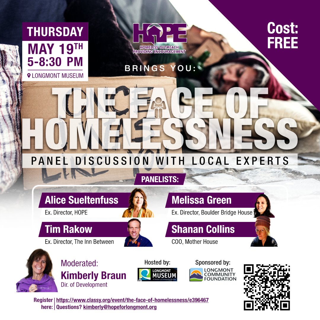 HopeLongmont's tweet photo. The Inn Between, Mother House, Bridge House and HOPE---all offering insight into the issue of homelessness in Boulder County. Join us for a FREE evening of discussion. Refreshments provided: https://t.co/2jqCQiuRyH https://t.co/4WEgNkT9QB