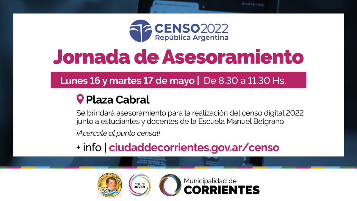 municorrientes's tweet photo. Estamos brindando asesoramiento para el @Censo2022 💻 Hoy y mañana los vecinos pueden acercarse a plaza Cabral de 8.30 a 11.30 para completar el formulario y generar el comprobante que deberán presentar el miércoles 18 🙌🏻 ⬇️ https://t.co/42eeHiQ3q5