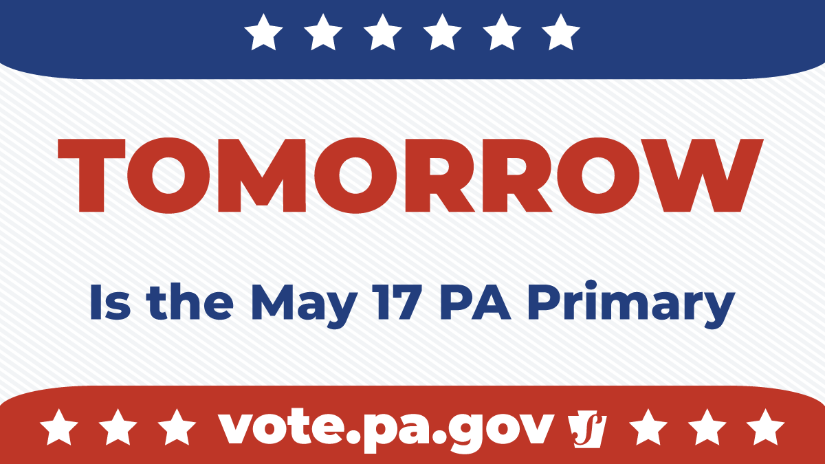 PAStateDept's tweet photo. TOMORROW IS ELECTION DAY! Are you #ReadytoVotePA?

Find your polling place: https://t.co/GwD2w5qdqF

Return your mail ballot by 8pm on Election Day: https://t.co/XyY1GFV90I https://t.co/O2EuG6taTH