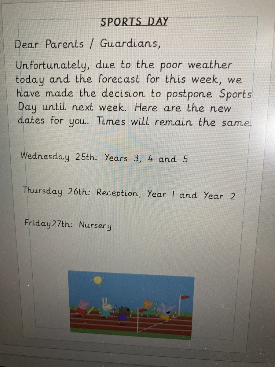 YsgolHamadryad's tweet photo. New dates for Sports Day 2022 #PrayingForSun πβοΈ https://t.co/a2fLZMorC4