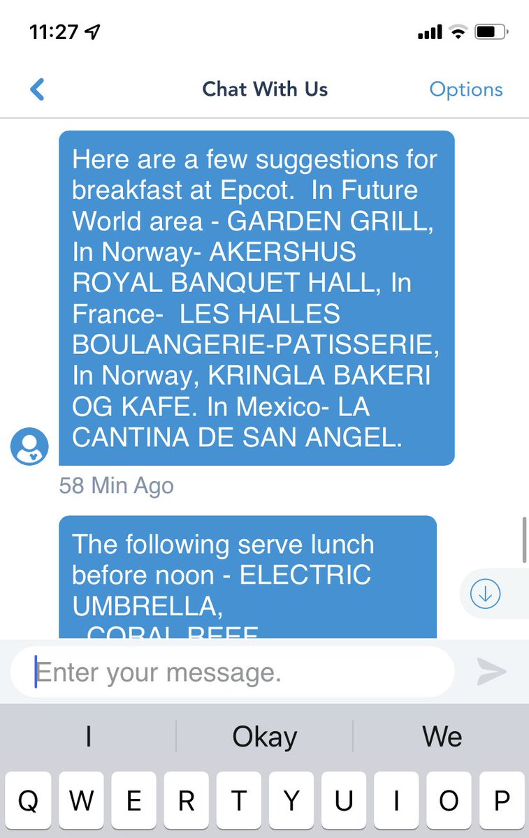 LenTesta's tweet photo. A friend used Disney's chat feature today for breakfast suggestions in Walt Disney World.

- Neither Garden Grill nor Cantina serves breakfast.  
- Akershus has been closed since 2020. 
- Electric Umbrella was demolished over a year ago.
- It's not called "Future World". https://t.co/fJ6UxEhsB6