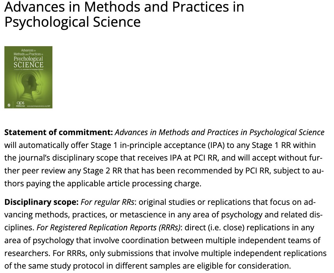 PCI Registered Reports (@pcirr@spore.social) (@pci_regreports) on Twitter photo We're delighted to welcome our first <a href="/PsychScience/">Association for Psychological Science</a> journal, Advances in Methods and Practices in Psychological Science, to our list of PCI RR-friendly journals, edited by <a href="/dsbarra/">David A. Sbarra</a> and team 🙌
#AMPPS is our 26th PCI RR-friendly adopter
Full journal entry: rr.peercommunityin.org/about/pci_rr_f… We're delighted to welcome our first <a href="/PsychScience/">Association for Psychological Science</a> journal, Advances in Methods and Practices in Psychological Science, to our list of PCI RR-friendly journals, edited by <a href="/dsbarra/">David A. Sbarra</a> and team 🙌
#AMPPS is our 26th PCI RR-friendly adopter
Full journal entry: rr.peercommunityin.org/about/pci_rr_f…