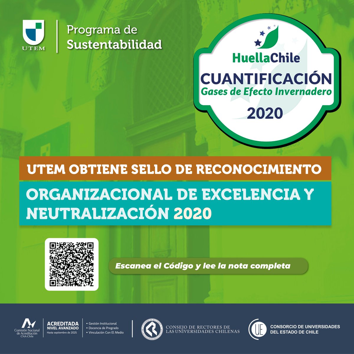 #OrgulloUTEM | Por segundo año consecutivo, la #UTEM ha sido distinguida con el reconocimiento máximo que entrega el Programa <a href="/HuellaChile_MMA/">Programa HuellaChile</a>  del <a href="/mmachile/">Ministerio del Medio Ambiente</a>, el Sello “Declaración de Excelencia 2020”.
Conoce más sobre este reconocimiento: bit.ly/3sD8XmY