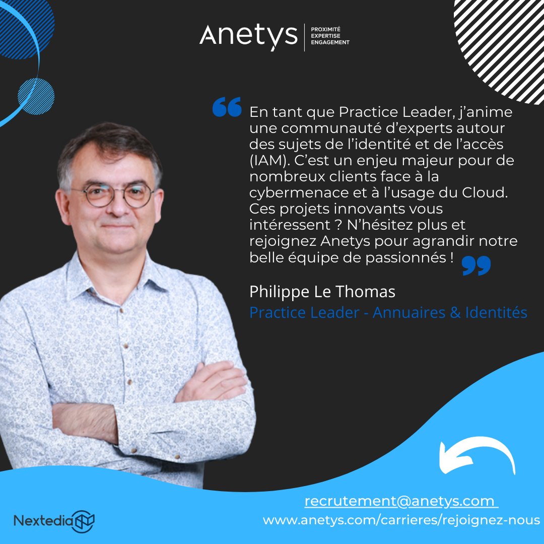 [Recrutement] #Team Identity Access Management (#IAM). Vous êtes intéressé(e) par les projets autour de la gestion des #identités et des #accès ?

Rejoignez l'équipe de ​👉​ Philippe Le Thomas, Practice Leader Annuaires &amp; #Identités chez <a href="/Anetys_FR/">Anetys_FR</a> .

➡️​ lnkd.in/ds-H-BwS