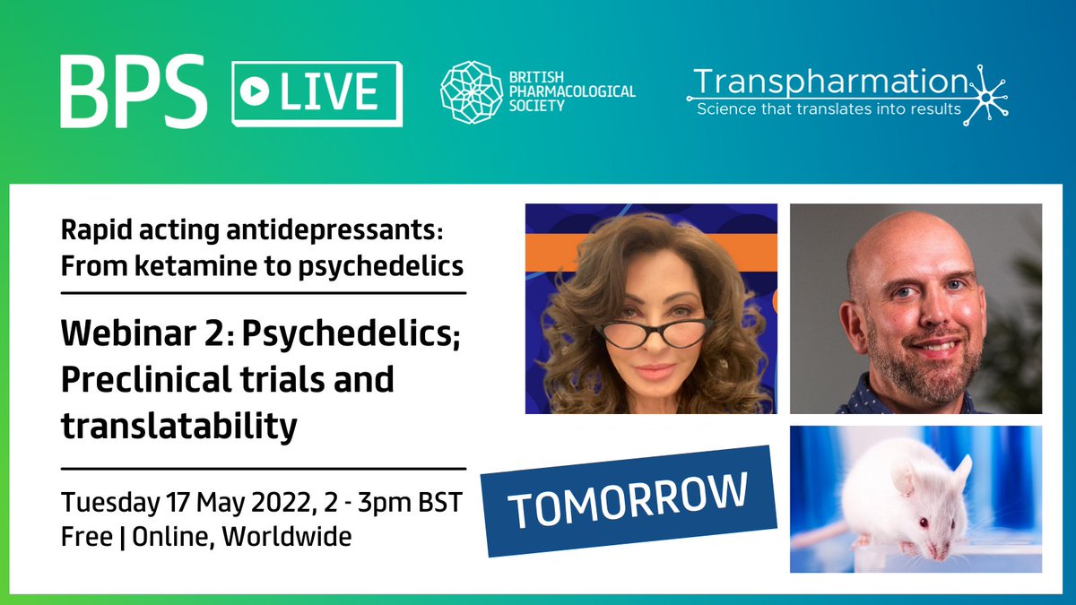 BritPharmSoc's tweet photo. TOMORROW: Can we model the #psychedelic experience? Can we translate #AnimalModels of #PsychiatricDisorders &amp; #PsychedelicResearch to humans? 🧠🤔

Register for our free #BPSLive webinar tomorrow from 2pm (BST): https://t.co/KrFsBOUHwG

#antidepressants @Delix_tx @TranspharmLtd https://t.co/ZBikUrPXyD