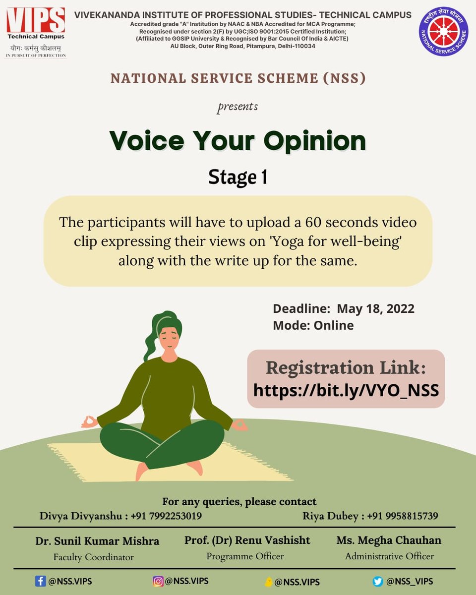 Here's an opportunity for you to #voiceyouropinion on #yogaforwellbeing in the time of fast-paced modern lifestyle!
6 selected students will proceed to the second stage for panel discussion and will be awarded certificates!

#yoga  #nss #nssvips #yogaday #publicspeaking
