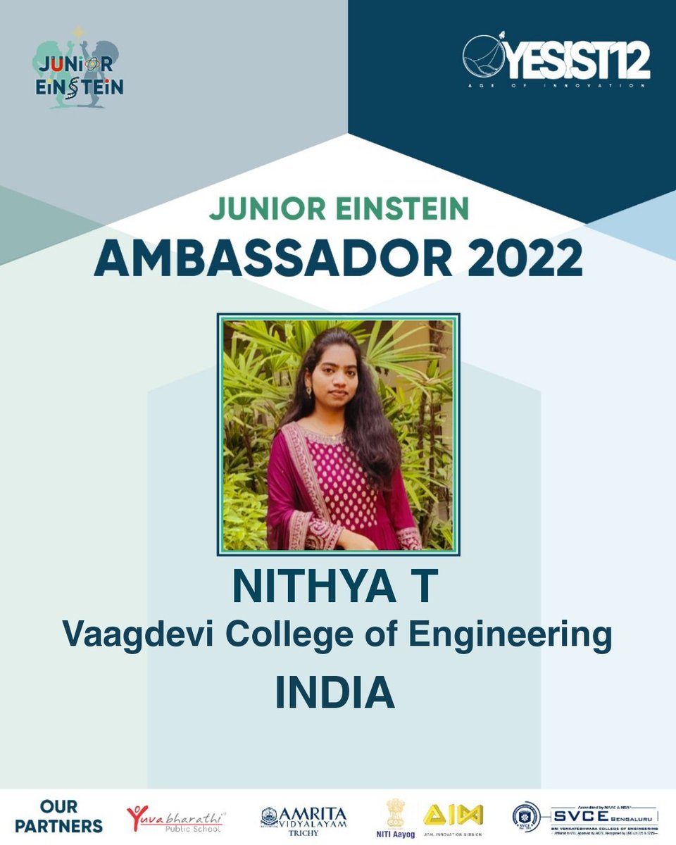 nithyat20's tweet photo. Happy to share that I've been selected as the Publicity Ambassador for the International Talent Show, IEEE YESIST12 Junior Einstein Track 2022. 

Excited to work with the team Junior Einstein Track. 

#ieee #ieeeyesist #ieeeyesist2022 #ieeeyesist12 #yesist12 https://t.co/xtR0VS23xR