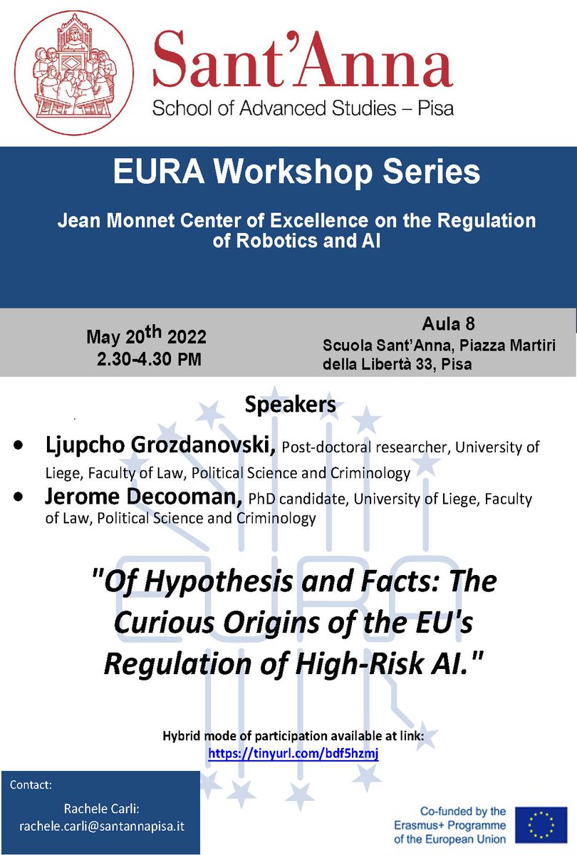 Eura Centre of Excellence (@eura_of) on Twitter photo <a href="/eura_of/">Eura Centre of Excellence</a> is pleased to announce its second #seminar!
<a href="/LjupchoILS/">Ljupcho Grozdanovski</a> will present the paper "Of Hypothesis and Facts: The Curious Origins of the EU's #Regulation of #High-Risk #AI"
When: May 20th
Where: Aula 8, <a href="/ScuolaSantAnna/">ScuolaSantAnna</a>
Teams: lnkd.in/earjQFqf <a href="/eura_of/">Eura Centre of Excellence</a> is pleased to announce its second #seminar!
<a href="/LjupchoILS/">Ljupcho Grozdanovski</a> will present the paper "Of Hypothesis and Facts: The Curious Origins of the EU's #Regulation of #High-Risk #AI"
When: May 20th
Where: Aula 8, <a href="/ScuolaSantAnna/">ScuolaSantAnna</a>
Teams: lnkd.in/earjQFqf