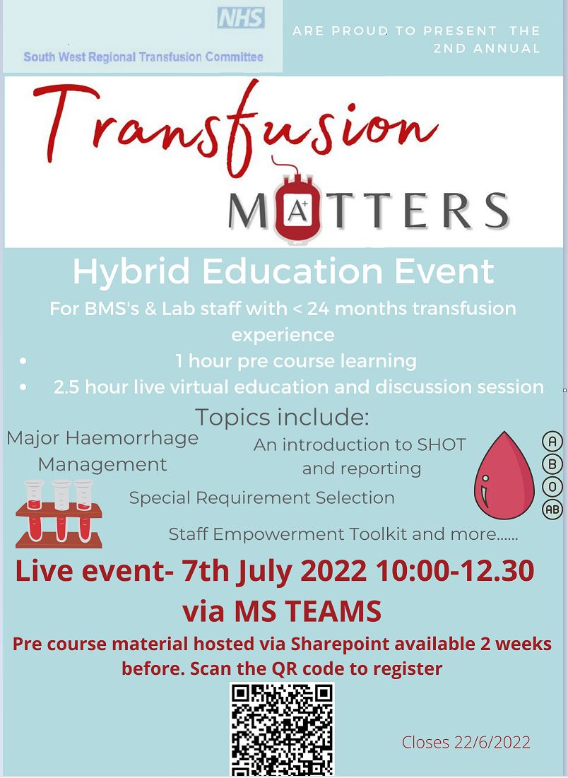 SW_RTC's tweet photo. Are you a BMS working in the South West?🧑‍🔬Are you interested in, or working in transfusion?🩸 Join us for our Transfusion Matters Education event on the 7th July 2022! Scan the QR code below 👇 to register now https://t.co/M0g4nuK5qp