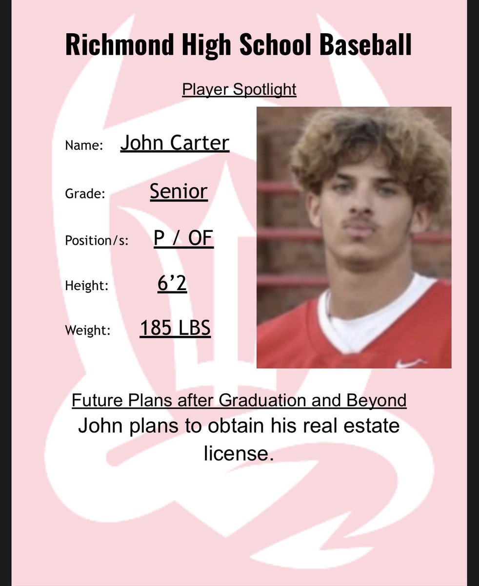 We_R_Baseball's tweet photo. Our fourth of our #FiveDaysofSeniors will be John Carter. John has had a great year at the plate hitting .533 with 24 hits. John has been a pleasure to have around the past 4 years. Proud of you, Trotwood! 
@RHSRedDevils https://t.co/43VAIuFq1i